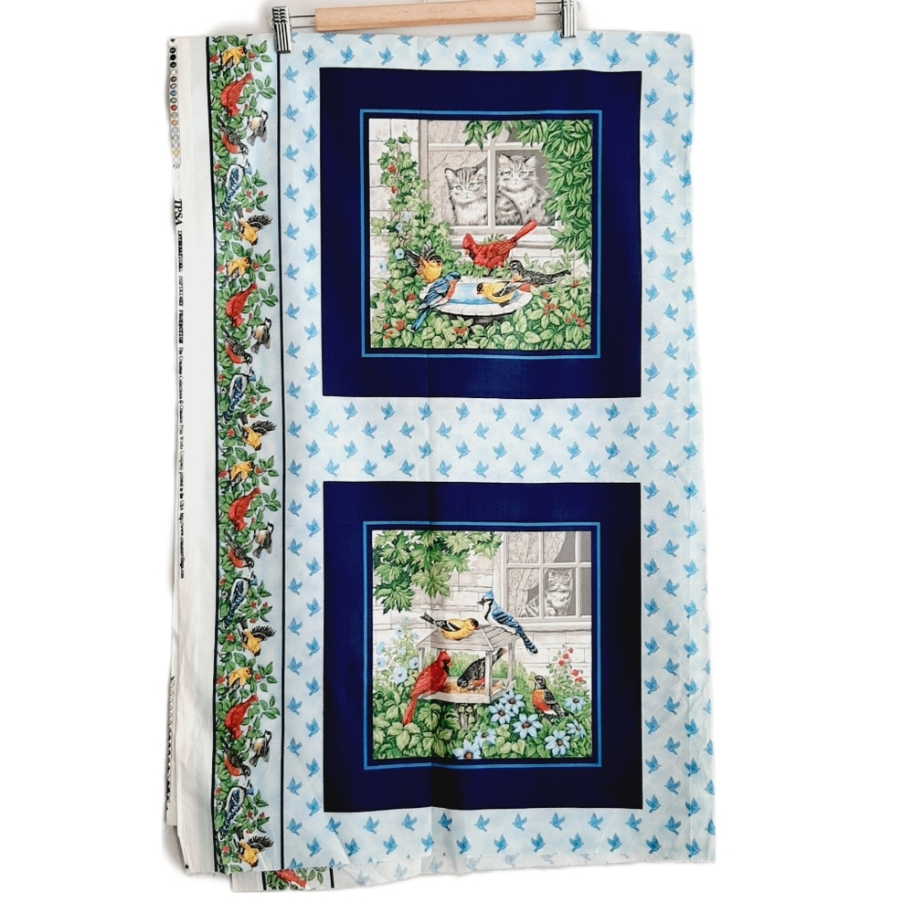 🍒 Birds & Cats Garden Scene - Printed Fabric Panel by The Cranston Collection